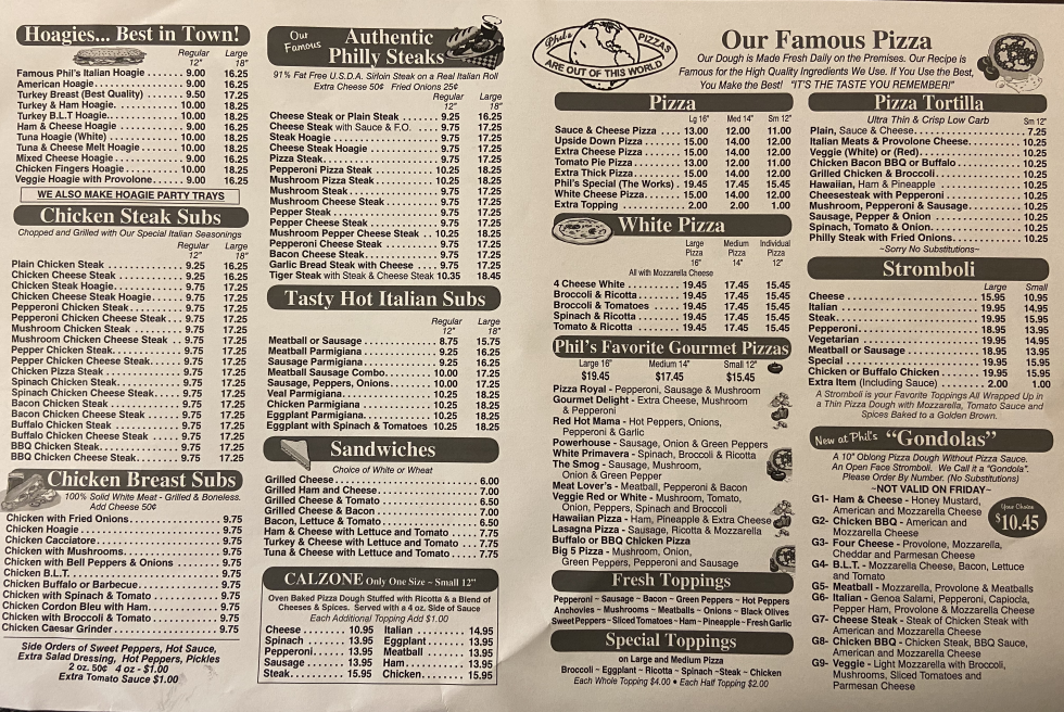 Take Out Menus Phil's Famous Pizza