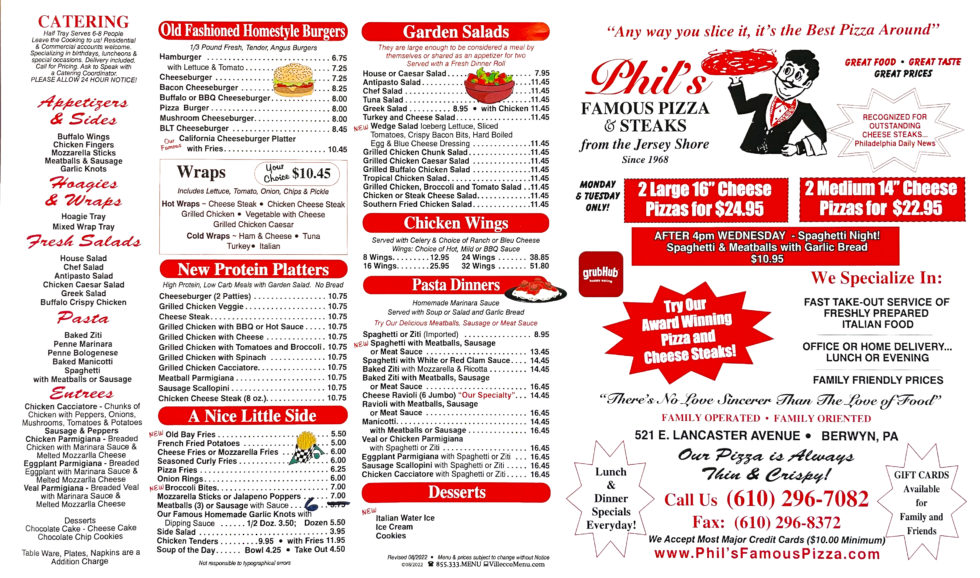 Take Out Menus Phil's Famous Pizza