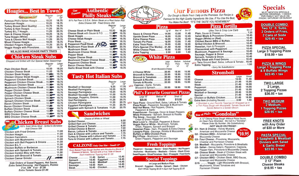 Take Out Menus Phil's Famous Pizza